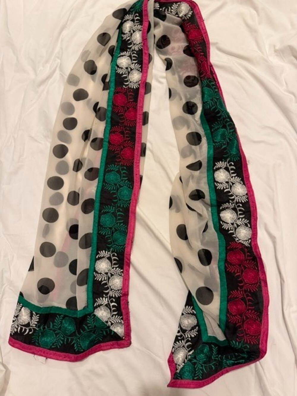 VTG Artisan Embroidered Sheer Shawl Wrap Oversized Polka Dot Floral 87"x26"